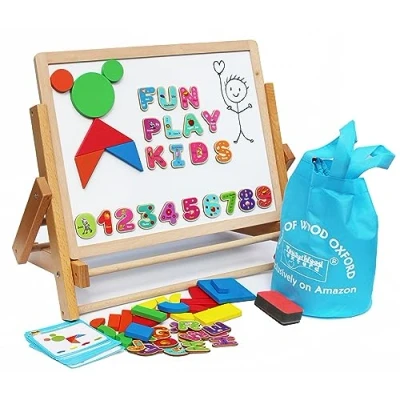 Afbeelding van TOWO magnetische ezel voor kinderen, opvouwbaar, van hout, kinderbord met magnetisch alfabet en cijfers vormen. schildersezel tekenpapierrol