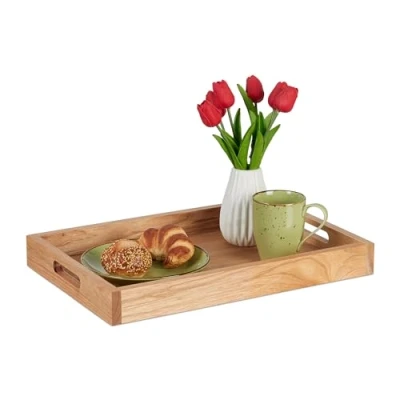 Afbeelding van Relaxdays Dienblad van hout en MDF, h x b d: 5 46 31 cm, voedseldienblad met handgrepen, hoge rand, rechthoekig, naturel
