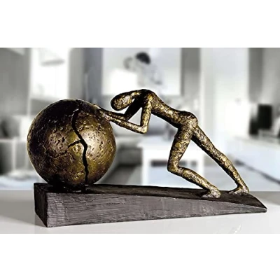 Afbeelding van beeld man duwt een bal op heuvel Uphill figuur Brons decoratief heavy ball Polyresin/metalen met structuur hoogte 21.5 cm
