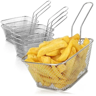 Afbeelding van 6x Mini Frieten Serveermand 430 Roestvrijstalen Snackschaal Zilveren Frituurmandjes met Handvat