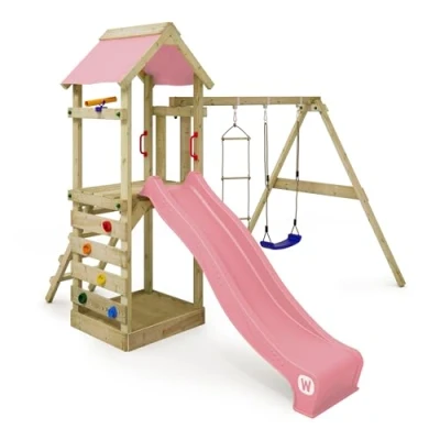 Afbeelding van WICKEY speeltoestel klimtoestel FreeFlyer met schommel en pastelroze glijbaan, outdoor voor kinderen zandbak, ladder speelaccessoires de tuin