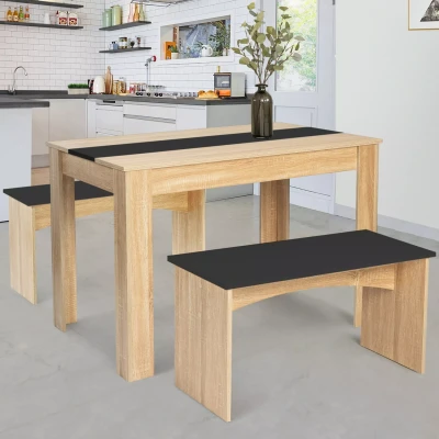 Image de Ensemble table à manger et 2 bancs ROZY 4 personnes hêtre noir 110 cm
