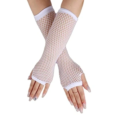 Afbeelding van Lange nethandschoenen, vingerloze manchetten, kostuumaccessoires voor dames, meisjes, kinderen, jaren 80 kostuum, feestaccessoires, Wit.