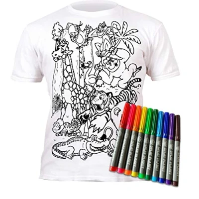 Afbeelding van Splat Planet Zoo T shirt om in te kleuren met 10 niet giftige wasbare magische pennen kleuren, wassen en hergebruiken, Wit.