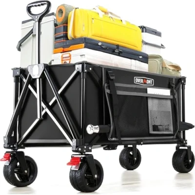 Afbeelding van Overmont Opvouwbare campingwagen, extra grote offroad wielen met 150 kg capaciteit, robuuste strandwagen voor tuin, winkelen, verstelbare handgreep en bekerhouder, zwart