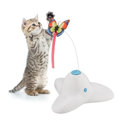Afbeelding van Relaxdays Kattenspeelgoed met vlinder, 33,5 x 20,5 18 cm, interactief kattenspel, carrousel voor katten, wit
