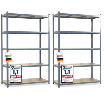 Afbeelding van KARAT Lakota Rek voor zware lasten, 2 stuks, steekrek, kelderrek, TÜV/GS getest, 5 verstelbare planken (grijs, 200 x 100 50 cm)