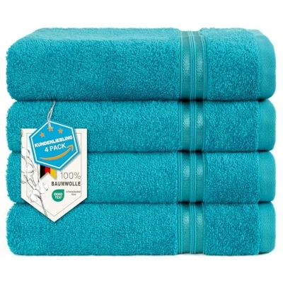 Afbeelding van Hammetex Set van 4 handdoeken, 100% katoen, premium kwaliteit, grote 50 x 100 cm, zacht, absorberend, sneldrogend, turkoois