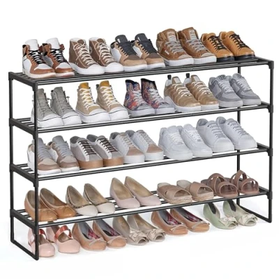 Afbeelding van SONGMICS Schoenenrek met 4 niveaus, metalen schoenenrek, verticaal of ondersteboven, voor 25 30 paar schoenen, stapelbaar, x 117 75 cm, zwart LSA034B01