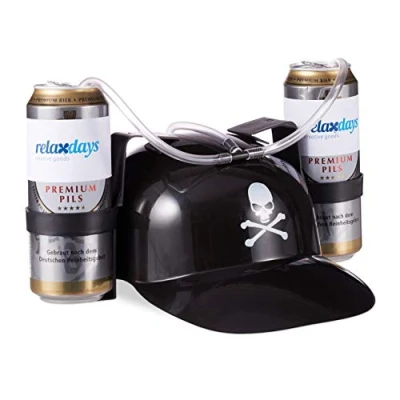 Afbeelding van Relaxdays drinkhelm piraat bierhelm feesthelm voor 2 blikjes met slang zwart