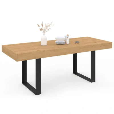 Image de Table à manger extensible OREGON 6 10 personnes façon chêne et noir 160 200 cm