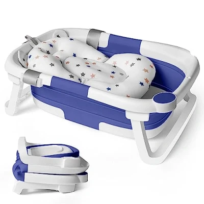 Afbeelding van opvouwbare babybadkuip voor pasgeborenen, badkuip, complete set opblaasbaar, badopzetstuk baby&#039;s, blauw
