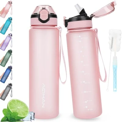 Afbeelding van AOHAN 1 liter waterfles met klapdeksel, lekvrij, BPA vrij, sportwaterfles rietje, vaatwasmachinebestendig, niet giftige draagriem