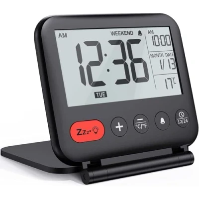 Afbeelding van FISHTEC Reiswekker, mini klok, digitaal, lcd display, draagbaar, met kalender, achtergrondverlichting, 12/24 uur, temperatuurfunctie, spiegel, kleine bureauklok, opvouwbaar, werkt op batterijen, kleur