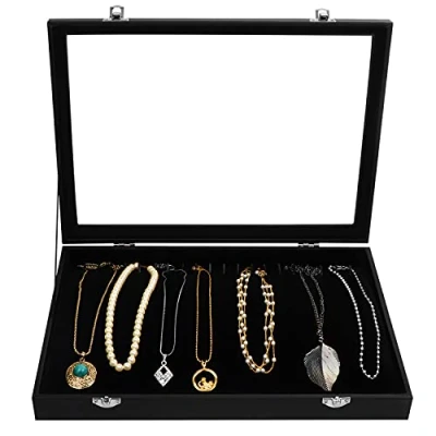 Afbeelding van Kurtzy Zwart Velours Ketting Sieraden Organiser Opslag Display Doos Kast Tray met 20 Haken en Afsluitbaar Glazen Deksel Stapelbare voor Lade Kettingen, Armbanden, Oorbellen Enkelbanden