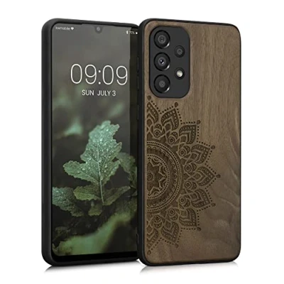 Afbeelding van kwmobile telefoonhoesje geschikt voorSamsung Galaxy A33 5G Hoesje met bumper walnoothout In donkerbruin Opkomende Zon design