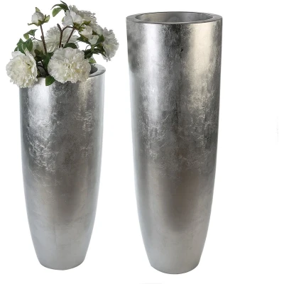 Afbeelding van &quot;Konus&quot; zilver hoge vaas / plantenbak H.90 cm Gilde Handwerk eyecatcher polyresin