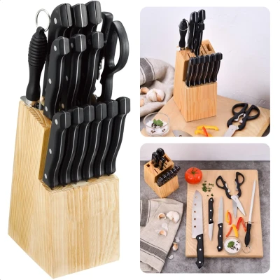 Afbeelding van Cheqo® 15 delige Keukenmessen Set in Houten Messenblok Messenset met Schilmes Chefmes Steakmessen Blok