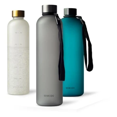 Afbeelding van MAMEIDO Drinkfles, 1 l, carbon grijs, waterfles, design, kunststof met motivatie tijdmarkering, BPA vrij, sportfles, waterdicht voor gymnastiek, detox