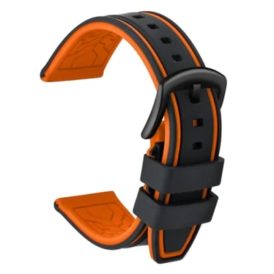 Afbeelding van ULLCHRO Reservearmband van siliconen, tweekleurig, 20, 22, 24, 26 mm, rubber, met zwarte gesp, Zwart en oranje, Armband