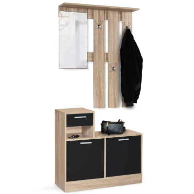 Image de Vestiaire d&#039;entrée avec miroir PAULIN design hêtre portes noires