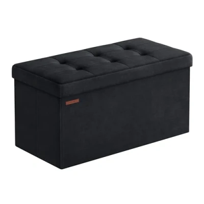Afbeelding van SONGMICS Opbergbank, fluwelen poef met deksel, 2 dozen, 38 x 76 cm, draagkracht 300 kg, voor hal, woonkamer, slaapkamer, inktzwart LSF247B01