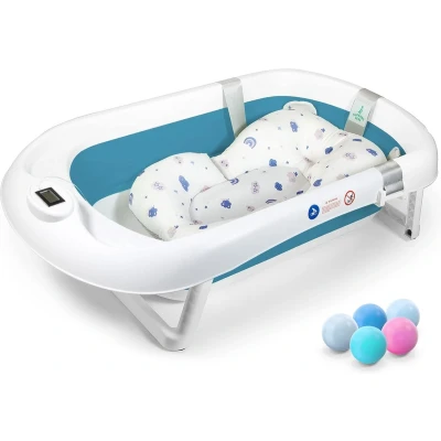 Afbeelding van Opvouwbare babybadkuip met antislip badkussen/badkuip XXL thermometer voor de controle van watertemperatuur, 3 traps badkuip vanaf geboorte tot 2 jaar, 5 plastic ballen gratis, blauw