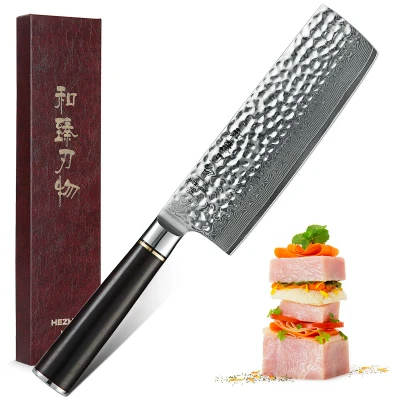 Afbeelding van Professioneel 7&quot; Nakiri Hakmes / Vleesmes VG10 Damascus staal (67 lagen) HEZHEN B1Z Series Handvat van zwaar Ebbenhout