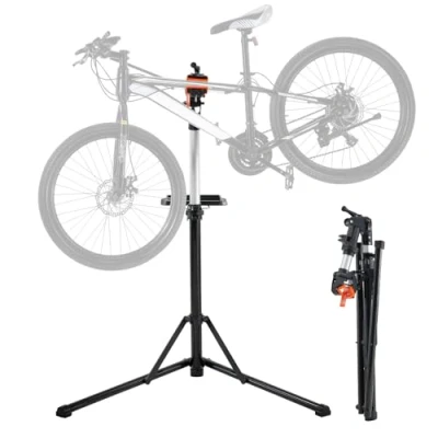 Image de VEVOR Pied d&#039;Atelier Vélo Pliable Charge 30 kg Support de Réparation Réglable en Hauteur Pince Pivotant 360 Stand Bicyclettes avec Plateau à Outils pour Entretien Montage Vélos Électriques
