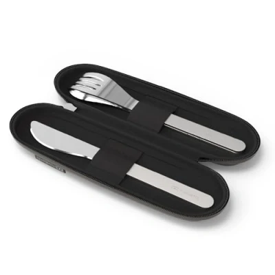 Afbeelding van MONBENTO MB Slim Nest Trio zwart bestek Lunchbox met etui Ideaal voor dineren op kantoor/picknick Vork, lepel, herbruikbaar mes van roestvrij staal