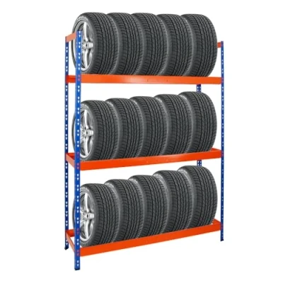 Afbeelding van PROREGAL Tiger XL Bandenrek H x B D 200 150 45 cm belastbaar tot 300 kg 18 banden (205/55 R16) blauw/oranje rek voor werkplaats, opslag, kelderrek