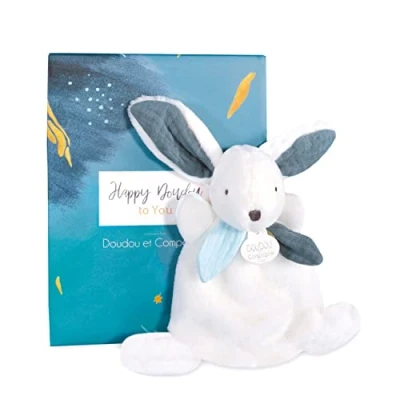 Afbeelding van Doudou ET COMPAGNIE knuffeldier haas Happy Pop 17 cm blauw pluche konijn met geschenkdoos cadeau idee voor geboorte zeer zacht knuffelig baby garantie verloren