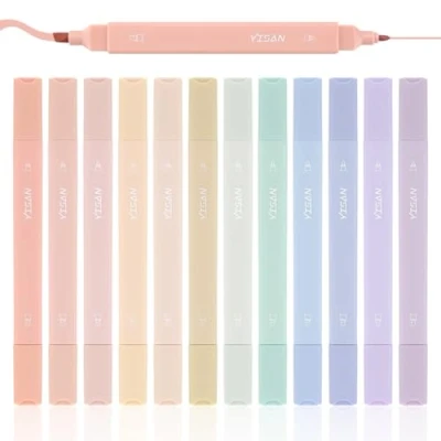 Afbeelding van YISAN 70924 Esthetische pastelmarkeerstiften, dubbele punt, braamvrij, 12 kleuren,