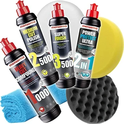 Afbeelding van detailmate Menzerna Polijstset 250 ml: Super Heavy Cut Compund 1000 + Medium 2500 Finish 3500 2 in 1 Power Protect Ultra 3 x pads polijstdoek