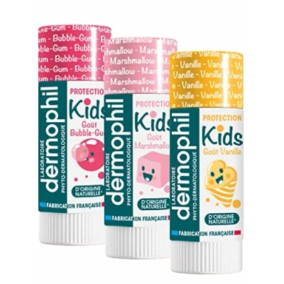 Afbeelding van Dermophil Dermokid&#039;s Lippenstift nieuwe geuren vanille * Marshmallow Bubble gum 3 sticks à 4 g