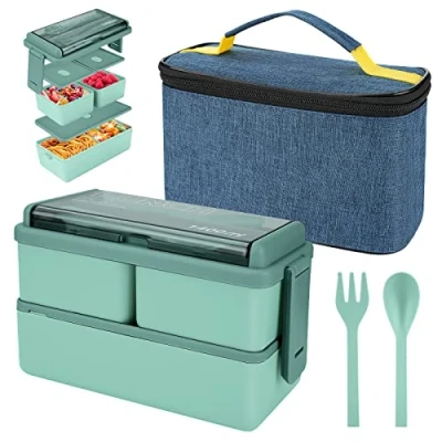 Afbeelding van 1400 ml lunchbox met 3 vakken, waterdichte bento box koeltas en bestek, voor volwassenen, kinderen, studenten, kantoor,