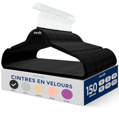 Afbeelding van SereneLife 150 stuks fluwelen antislip kleerhangers voor kleding, robuuste met 360 graden draaibare haak, zwart