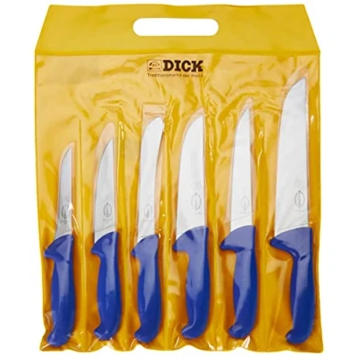 Afbeelding van F. DICK ErgoGrip 6 delige messenset (blokmes 18, 23 cm, snijmes 15, sorteermes 18 uitbeenmes 13 HRC 56), roestvrij staal, blauw, 36,4 cm