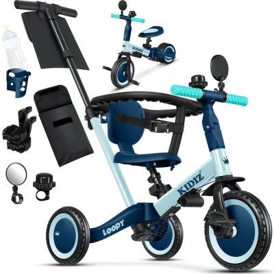 Afbeelding van KIDIZ® Driewieler 6 in 1, voor kinderen van 1 jaar tot 5 jaar, belastbaar 25 kg, met stuur, veiligheidsgordel, bel en spiegel, blauw