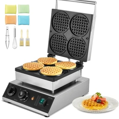 Afbeelding van VEVOR Commerciële ronde Belgische wafelmachine, 4 stuks voor wafels, 1750 W roestvrijstalen wafelplaat met tijdtemperatuurregeling, restaurants en bakkerijen