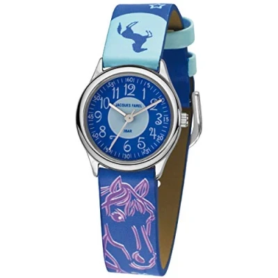 Afbeelding van Jacques Farel HCC 338 analoog polshorloge voor kinderen, kwarts, metaal, kunstleer, paard, sterren, lila en Blauw, riem, riem