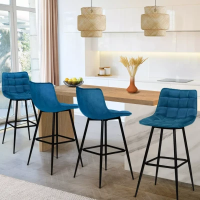 Afbeelding van Lot de 4 tabourets bar MADY en velours bleu