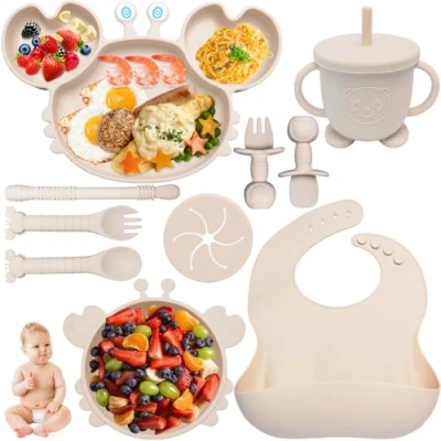 Afbeelding van Kinyoda 10 stuks speenpappen voor kinderen, antislip havermoutset met zuignap, bord, kom, beker, slabbetje, bestekset BPA vrij (beige)