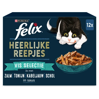 Afbeelding van Felix Maaltijdzakjes Heerlijke Reepjes Vis Selectie Box Kattenvoer Zalm Tonijn Kabeljauw 12x85 g