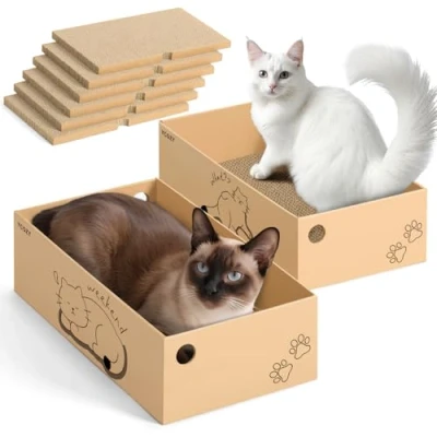 Afbeelding van Ycozy Kattenkrabplank met 2 Boxen en 6 Krabplanken, Groot XXL Dubbelzijdig Krabkarton voor Katten Hoogwaardig Vervangbaar Karton Duurzaam Kattenmeubel