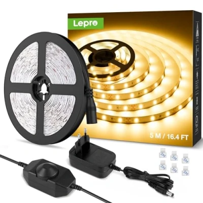 Afbeelding van Lepro 5 m LED strip warm wit 3000 K dimbaar 300 12 V zelfklevende IP20 flexibel DIY lichtstrip lichtketting met voeding voor wooncultuur