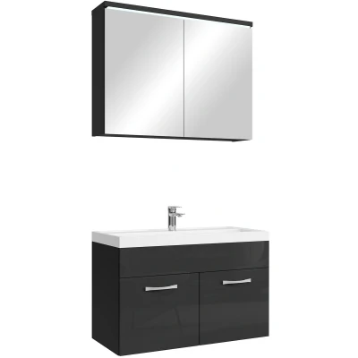 Afbeelding van Badplaats Badkamermeubel Set Paso 02 80 x 40 cm Zwart Hoogglans Badmeubel met Wastafel en Spiegelkast