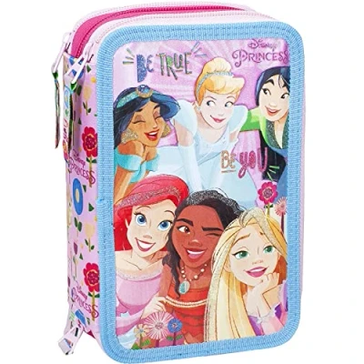 Afbeelding van Drievoudig gevuld etui, 44 schoolaccessoires, 3 ritssluitingen, 20 cm, disney prinsessen 23, etui