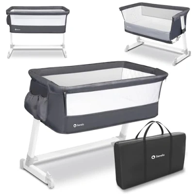 Image de LIONELO Theo 2en1 Lit Cododo et de Voyage pour Bébé jusqu&#039;à 9 kg Hauteur Réglable Côté Pliable en Maille Respirante Matelas Confortable Inclus Organisateur, Moustiquaire, Sac Transport