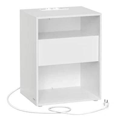Afbeelding van VASAGLE Ultrasnelle montage zonder gereedschap, nachtkastje, bijzettafel met stekkerdoos en lade, modern, slaapkamer, woonkamer, mat wit LET777W04